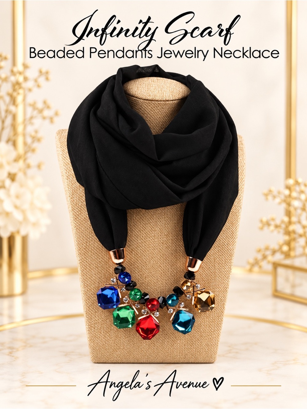 Infinity Black Scarf Colorful Beaded Pendants Jewelry Necklace